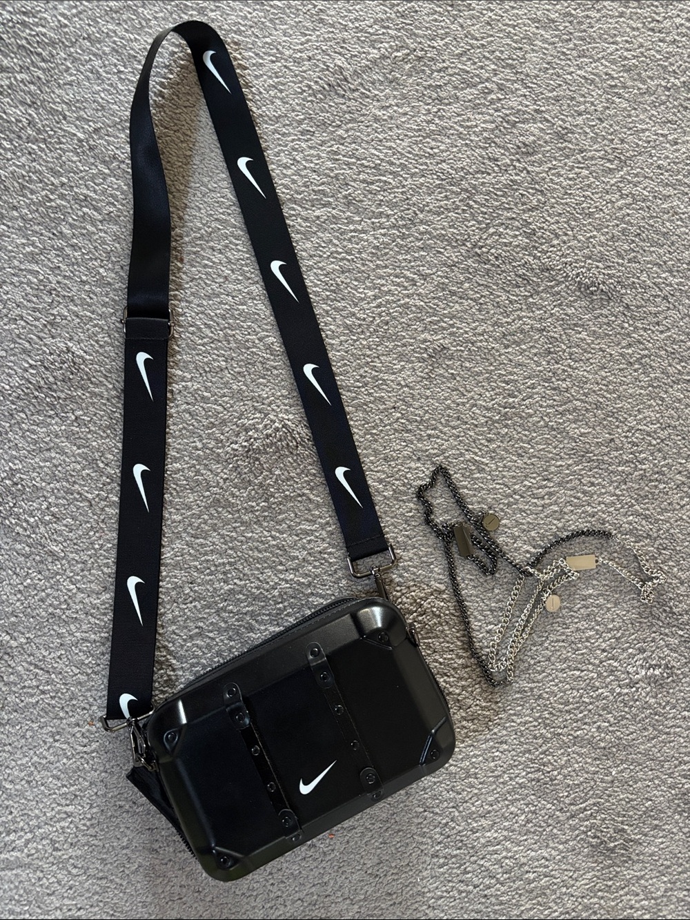 Nike Black Crossbody Camera Case with White Swoosh Strap